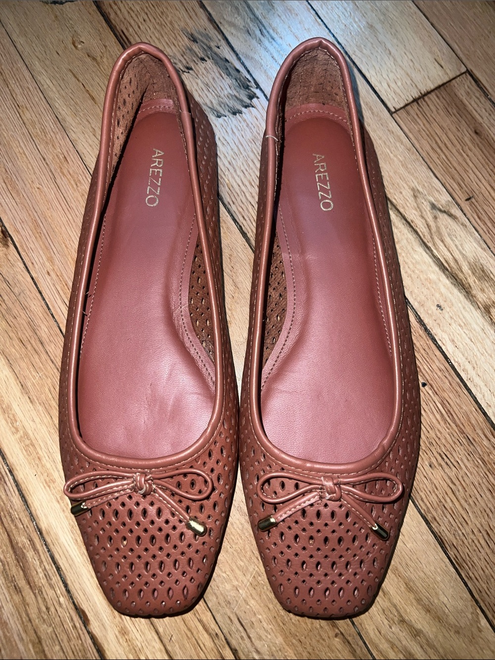Arezzo Perforated Bow Leather Ballet Flats - Rust